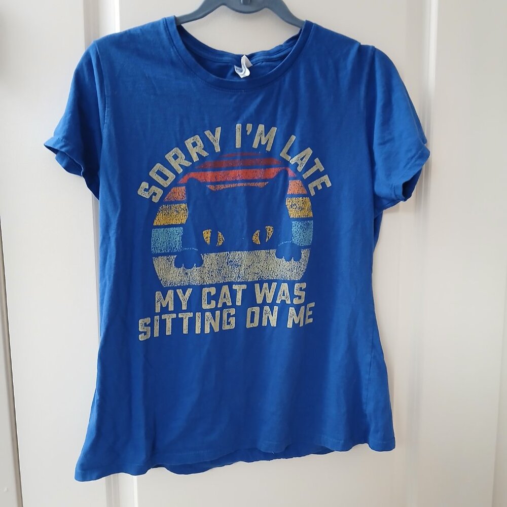 Women's Short Sleeve Blue Cat Graphic Large Tee - Picture 2 of 8